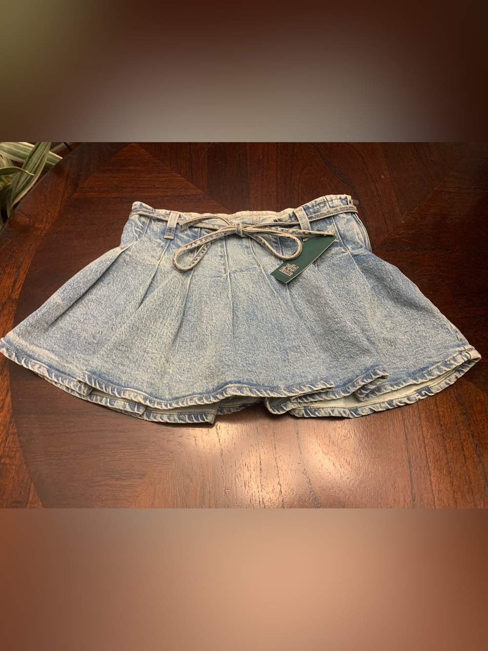Light Wash Denim Skort with Tie Belt